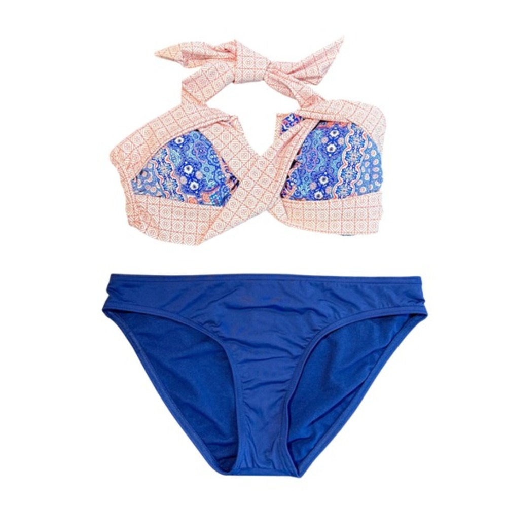 Cabana‎ Life Jag Womens Bikini Set XL Navy Blue Coral Wrap Bandeau Halter Beachy